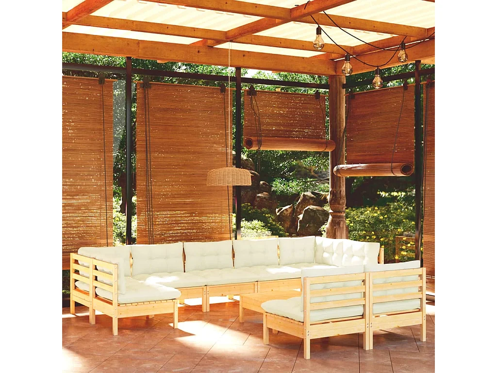 Salon de jardin 10 pcs avec coussins crème bois de pin massif