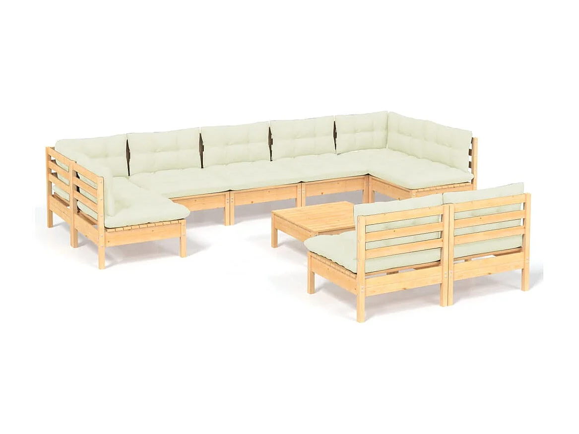 Salon de jardin 10 pcs avec coussins crème bois de pin massif