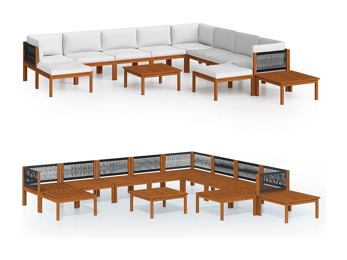 Salon de jardin 12 pièces avec coussins, bois d'acacia crème et corde