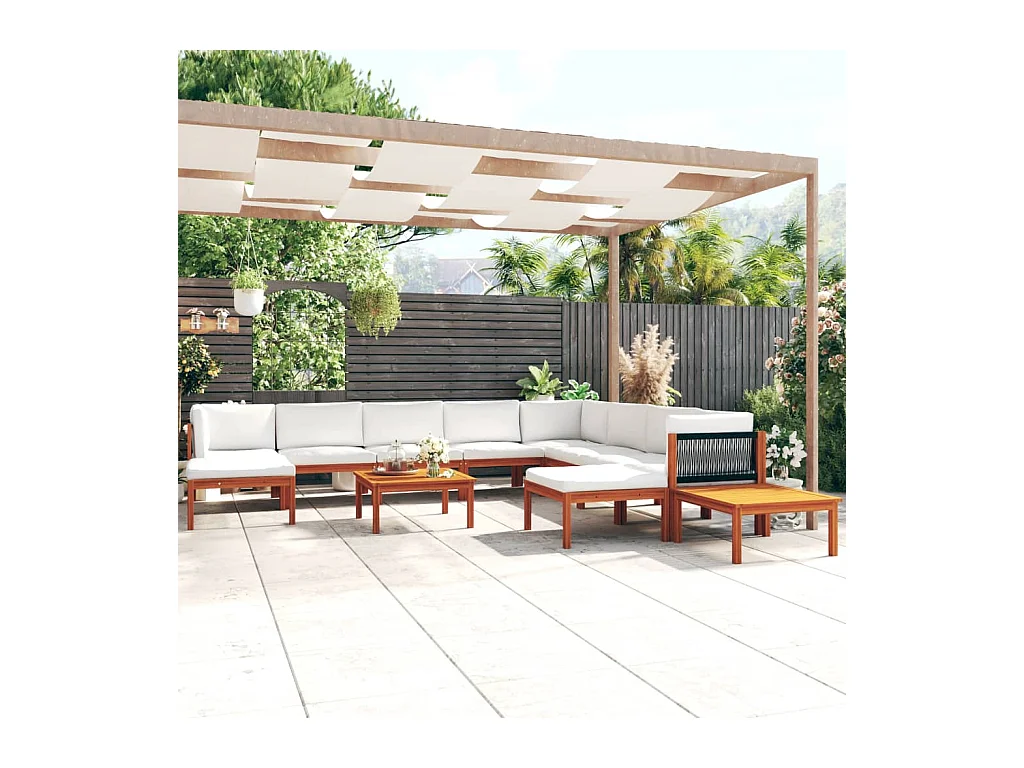 Set da giardino 12 pezzi con cuscini in legno crema, acacia e corda