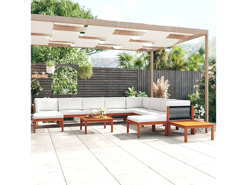 12-tlg. Garten-Lounge-Set mit Kissen Cremefarbenes Holz Akazie & Seil