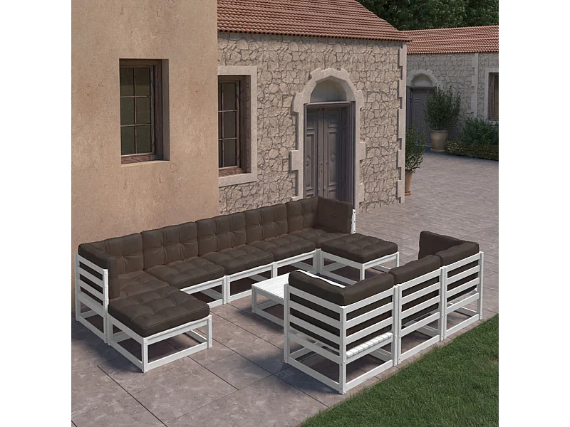 Salon de jardin 11 pcs avec coussins Blanc Bois de pin massif