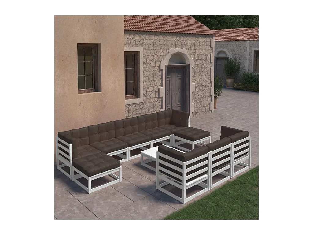 Set Divani da Giardino 11 pz Cuscini Bianchi Massello di Pino