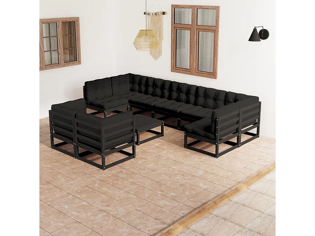 Salon de jardin 10 pcs avec coussins Noir Bois de pin massif