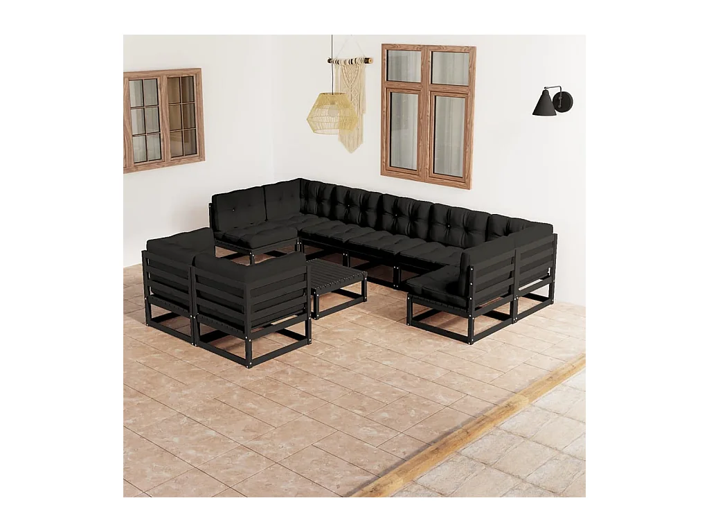 10-delige Loungeset met kussens massief grenenhout zwart