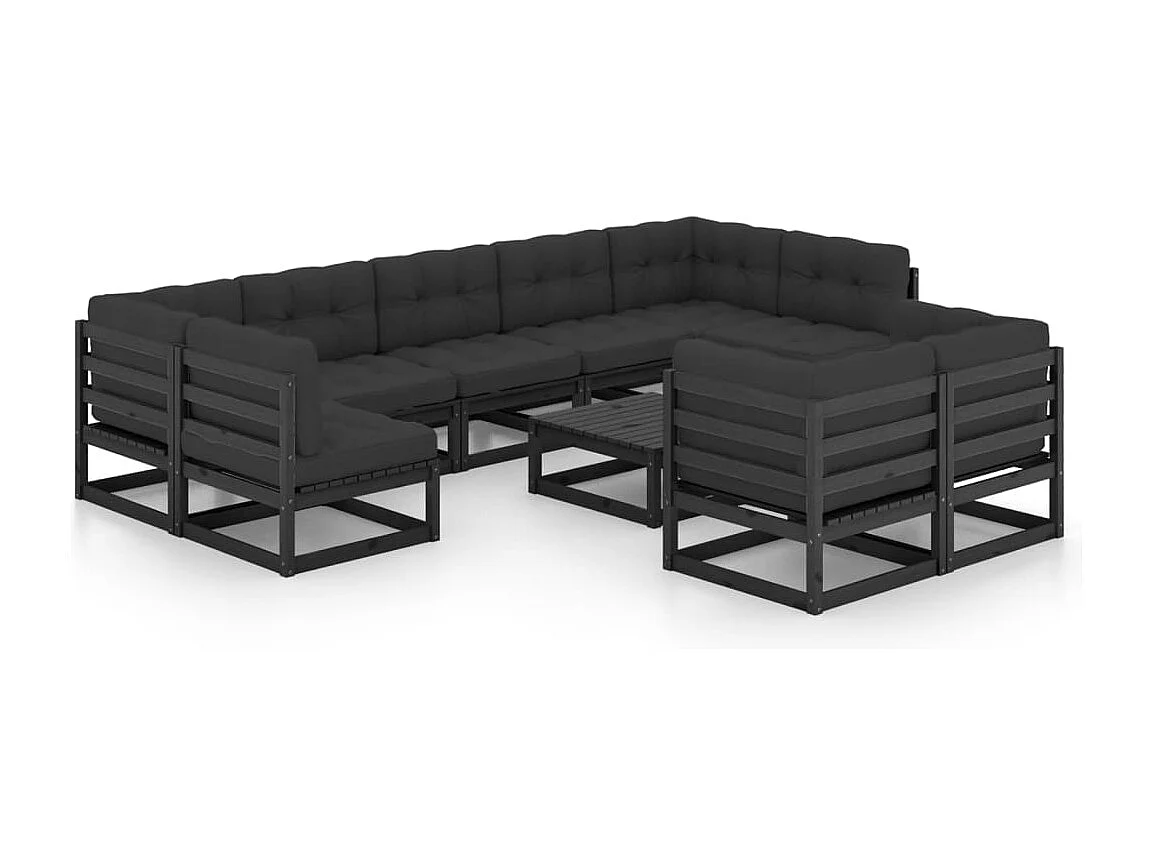 10 pcs conjunto lounge jardim c/ almofadões pinho maciço preto