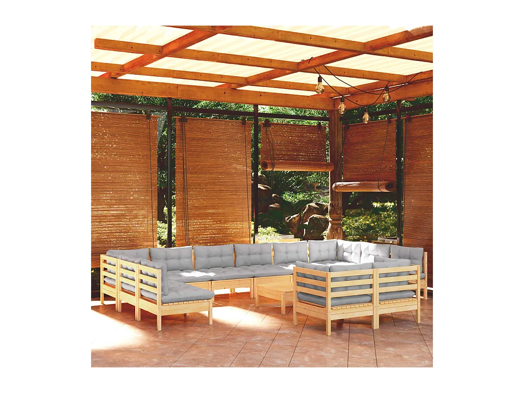 Salon de jardin 13 pcs avec coussins gris bois de pin