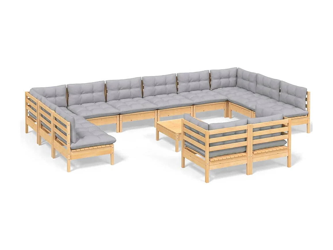 Salon de jardin 13 pcs avec coussins gris bois de pin