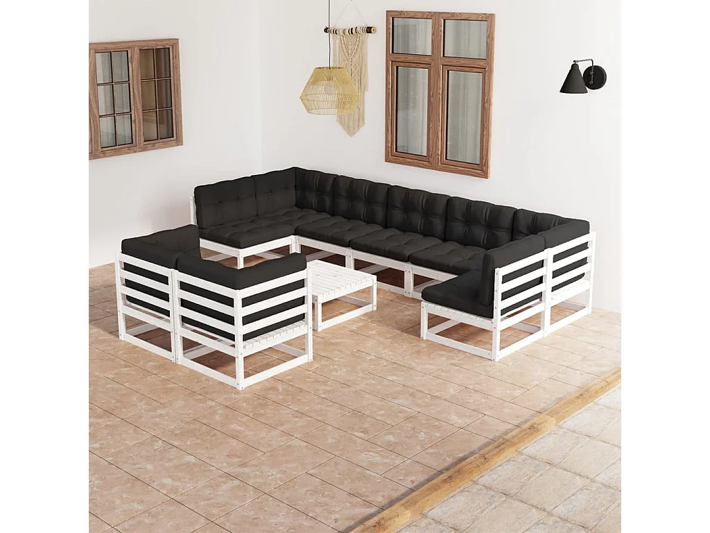 Salon de jardin 10 pcs avec coussins Blanc Bois de pin massif