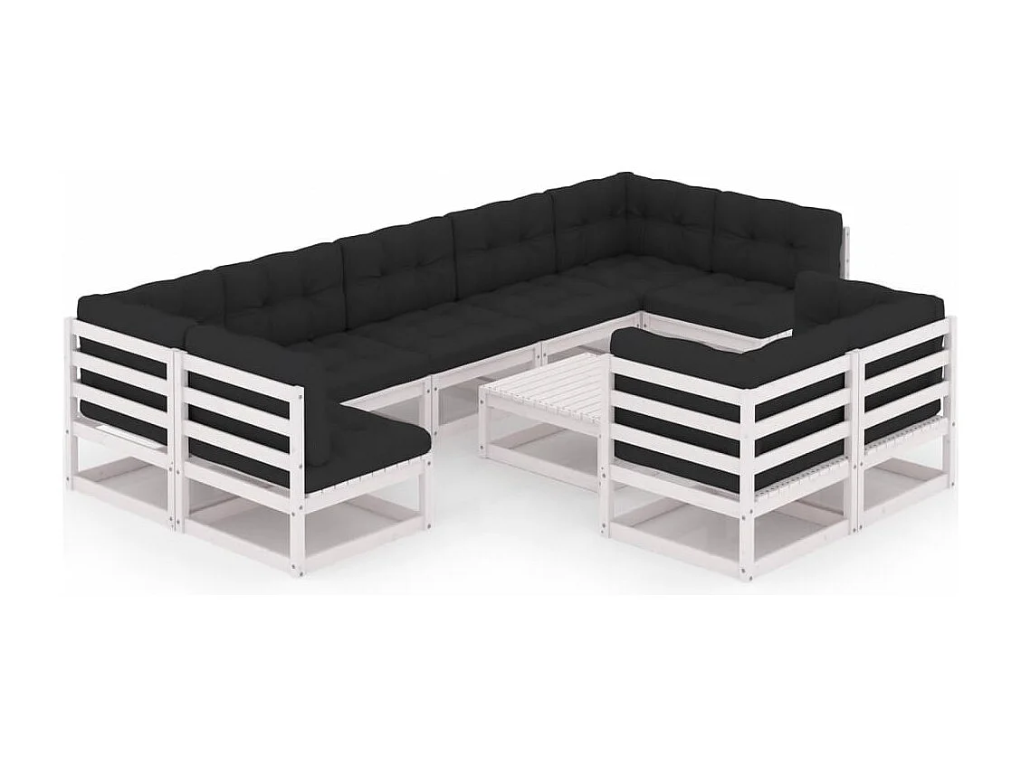 Salon de jardin 10 pcs avec coussins Blanc Bois de pin massif