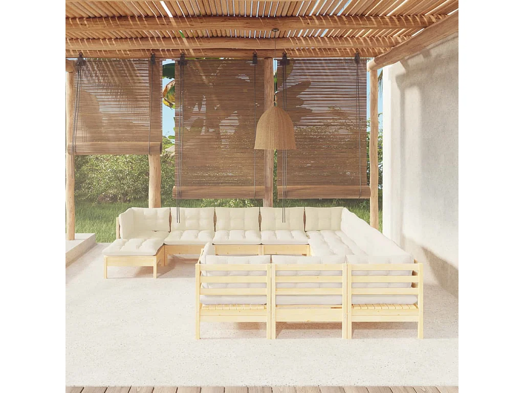 Salon de jardin 12 pcs avec coussins crème Bois de pin