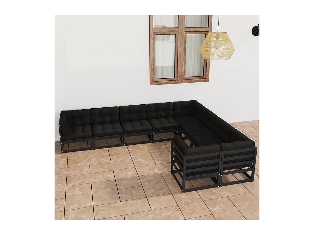 Set Divani da Giardino 9 pz con Cuscini Massello di Pino Nero