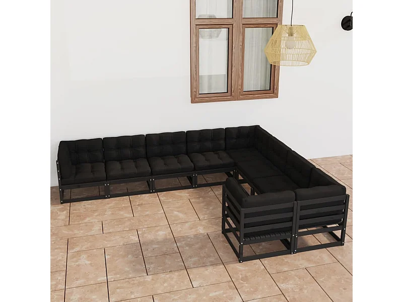 9pcs conjunto longue de jardim c/ almofadões pinho maciço preto
