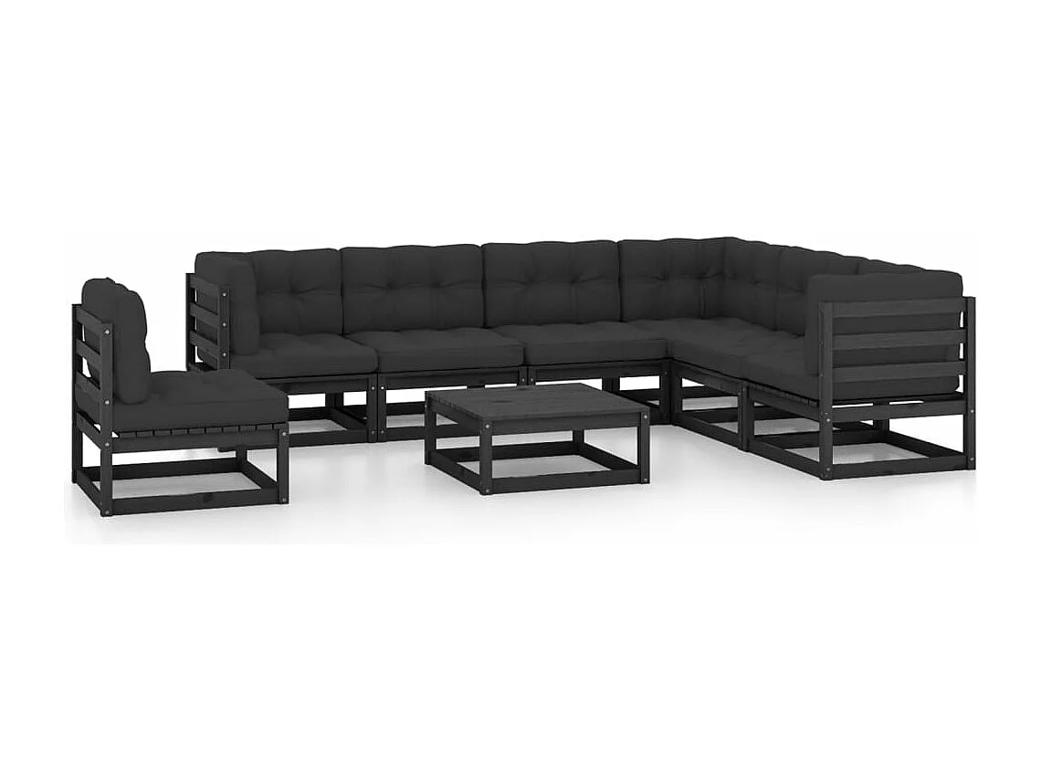 8 pcs conjunto lounge jardim c/ almofadões pinho maciço preto