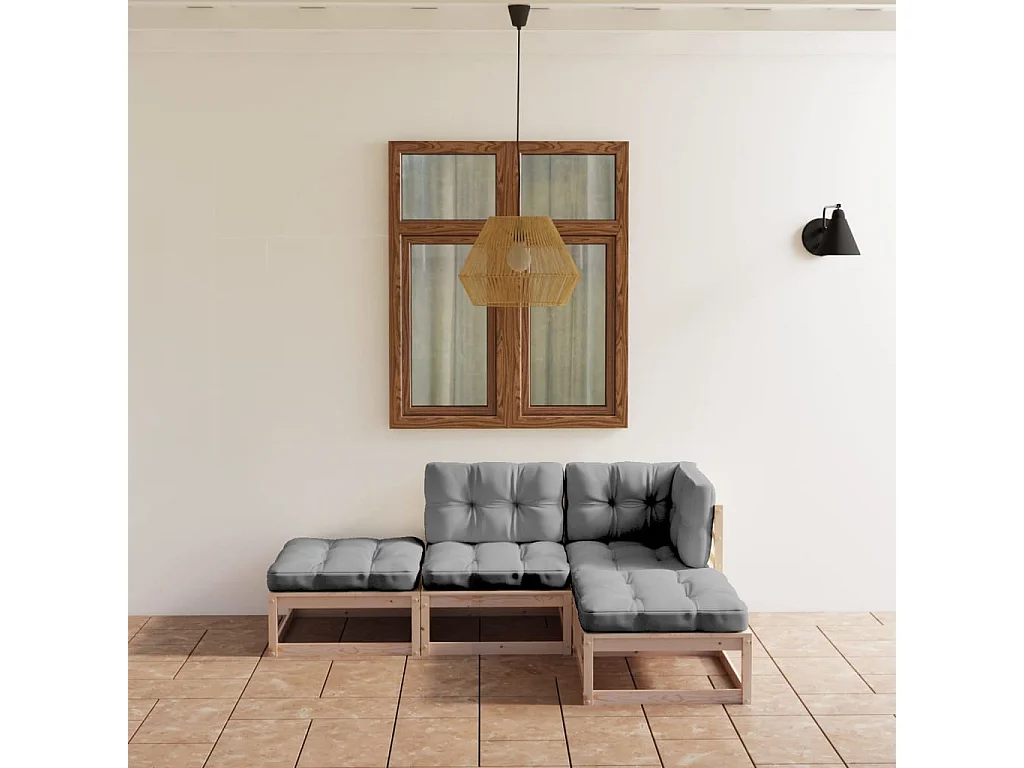 4 pcs conjunto lounge de jardim c/ almofadões pinho maciço