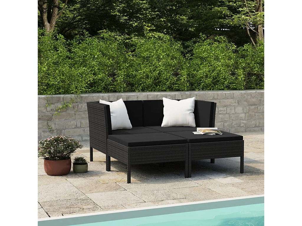 Salon de jardin 4 pcs avec coussins Résine tressée Noir