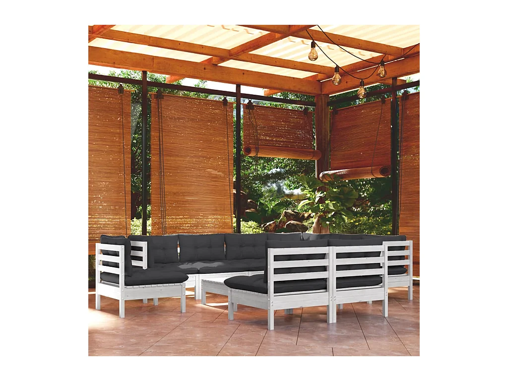 Salon de jardin 10 pcs avec coussins blanc bois de pin massif