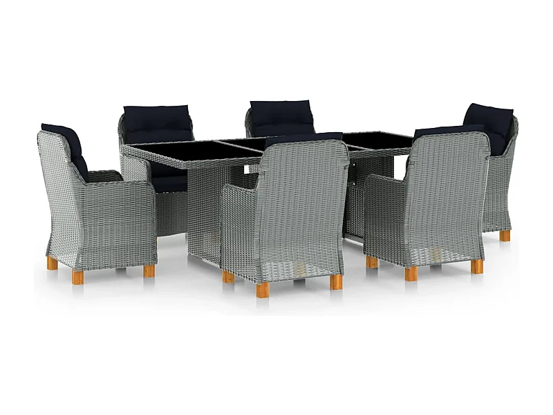 Ensemble à manger d'extérieur et coussins 7 pcs résine tressée