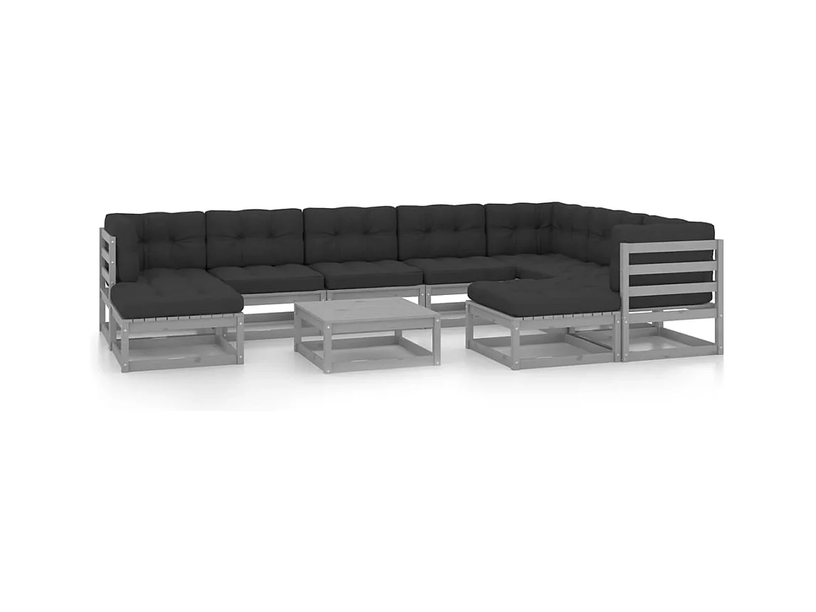 Salon de jardin 10 pcs avec coussins Gris Bois de pin massif