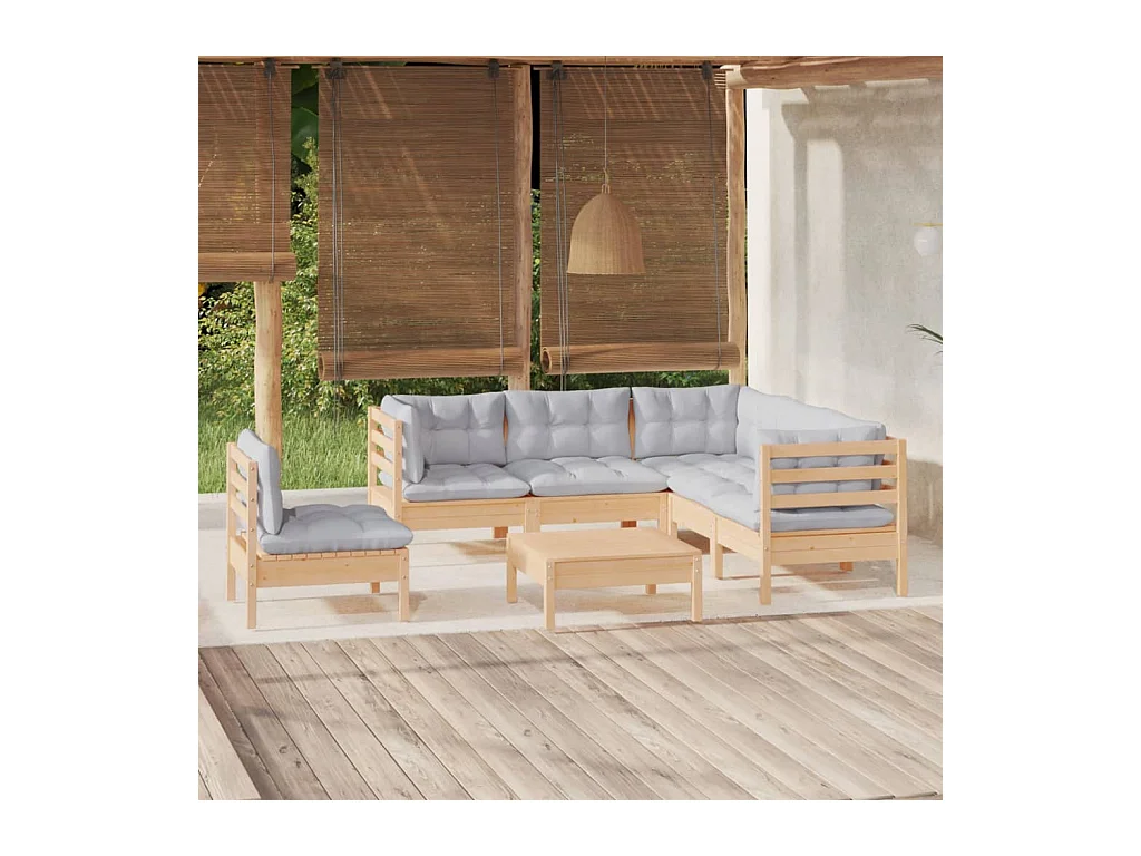 Salon de jardin 6 pcs avec coussins gris bois de pin