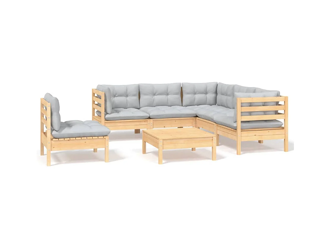 6-tlg. Garten-Lounge-Set mit Grauen Kissen Kiefernholz