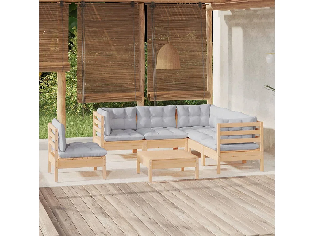 Salon de jardin 6 pcs avec coussins gris bois de pin