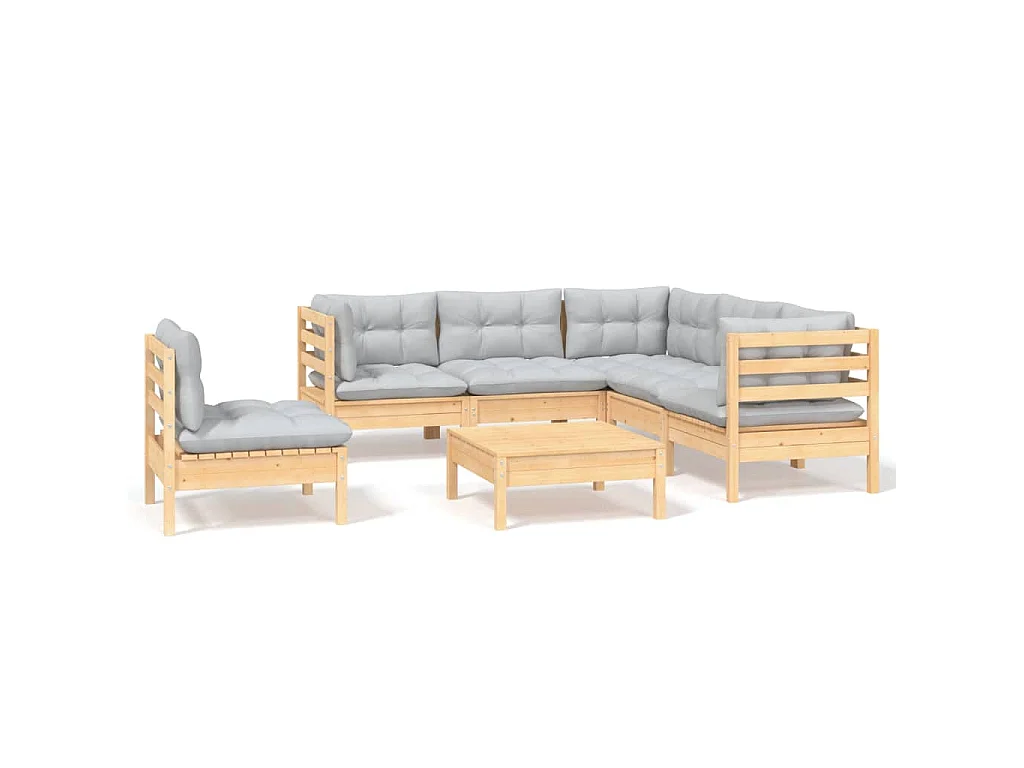 Juego de muebles de jardín 6 pzas y cojines madera pino gris