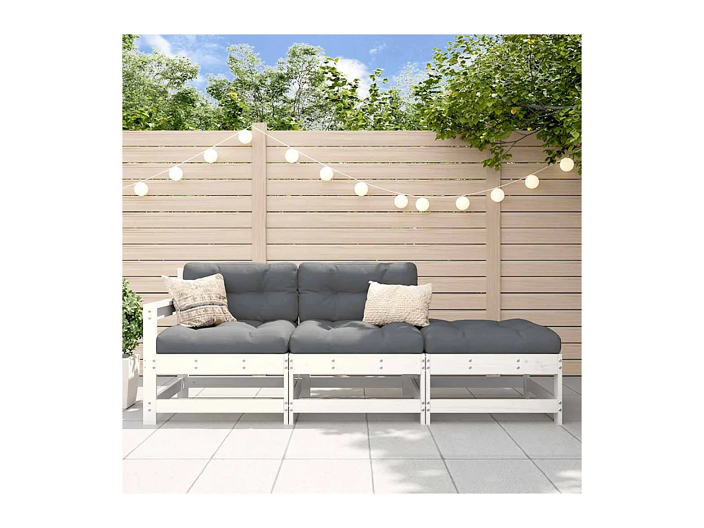 Salon de jardin 3 pcs avec coussins blanc bois massif
