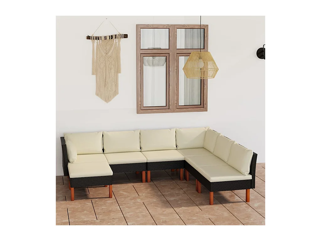 Salon de jardin 7 pcs avec coussins Résine tressée Noir