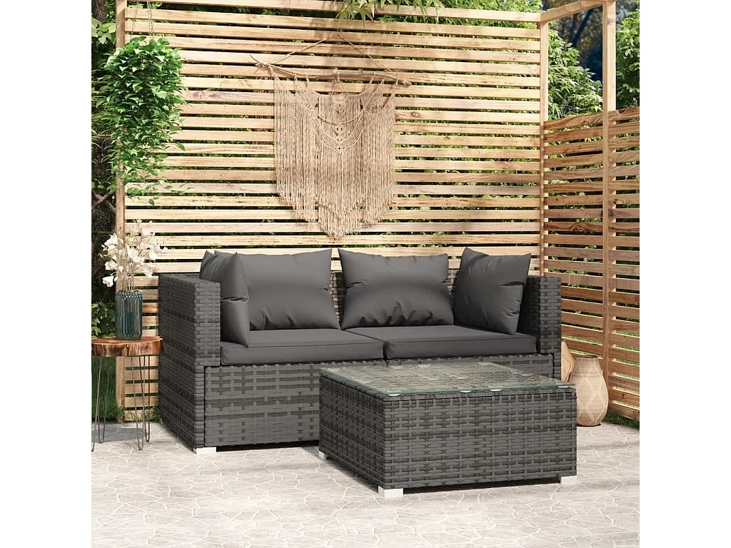 3 pcs conjunto lounge de jardim c/ almofadões vime PE cinzento