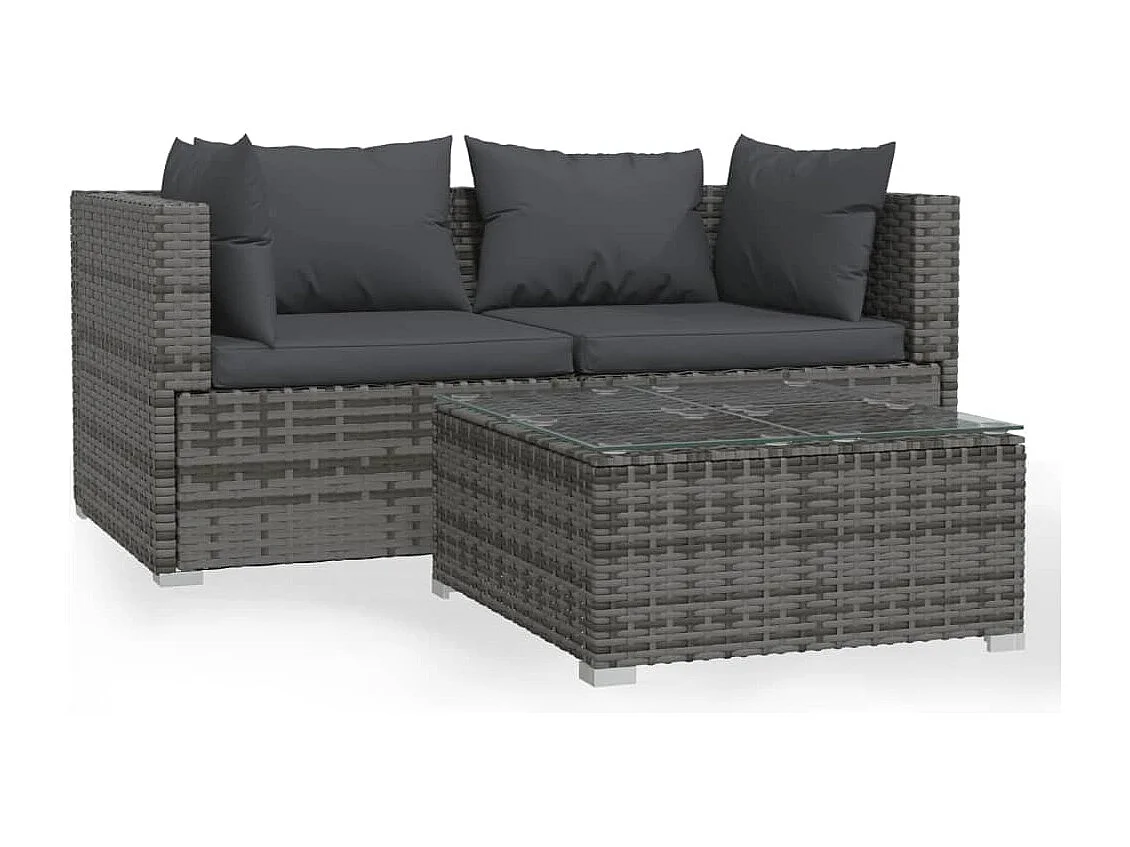 3 pcs conjunto lounge de jardim c/ almofadões vime PE cinzento