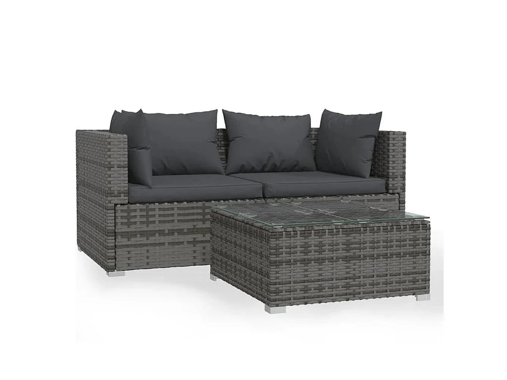 Set de muebles de jardín 3 pzas y cojines ratán sintético gris