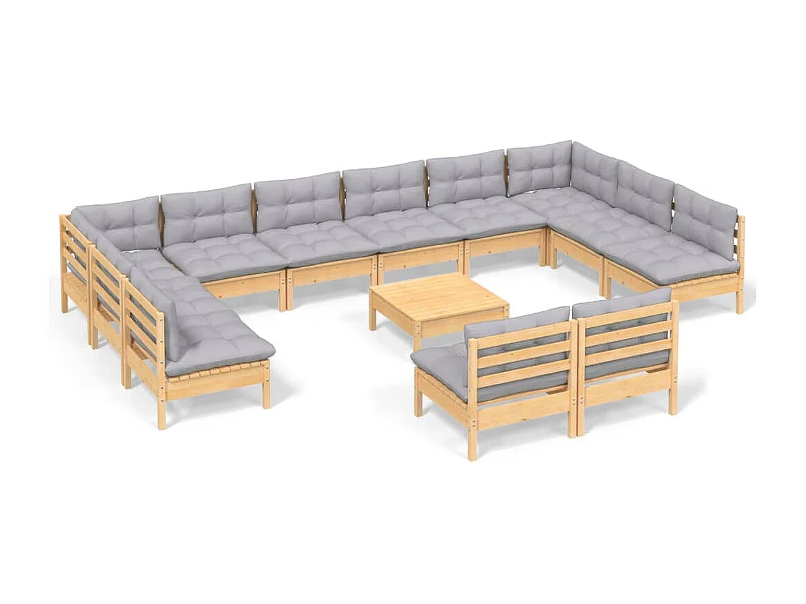 Salon de jardin 13 pcs avec coussins gris Bois de pin solide