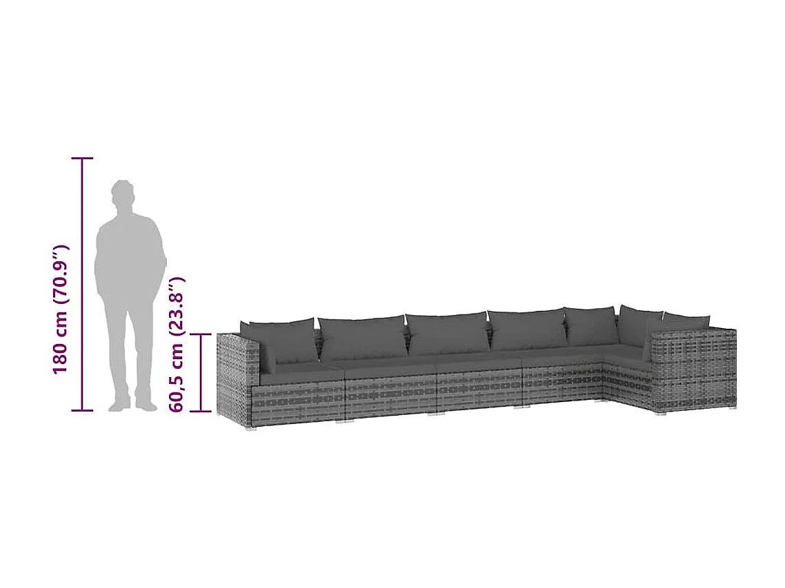 Set Divani da Giardino con Cuscini 6 pz in Polyrattan Grigio