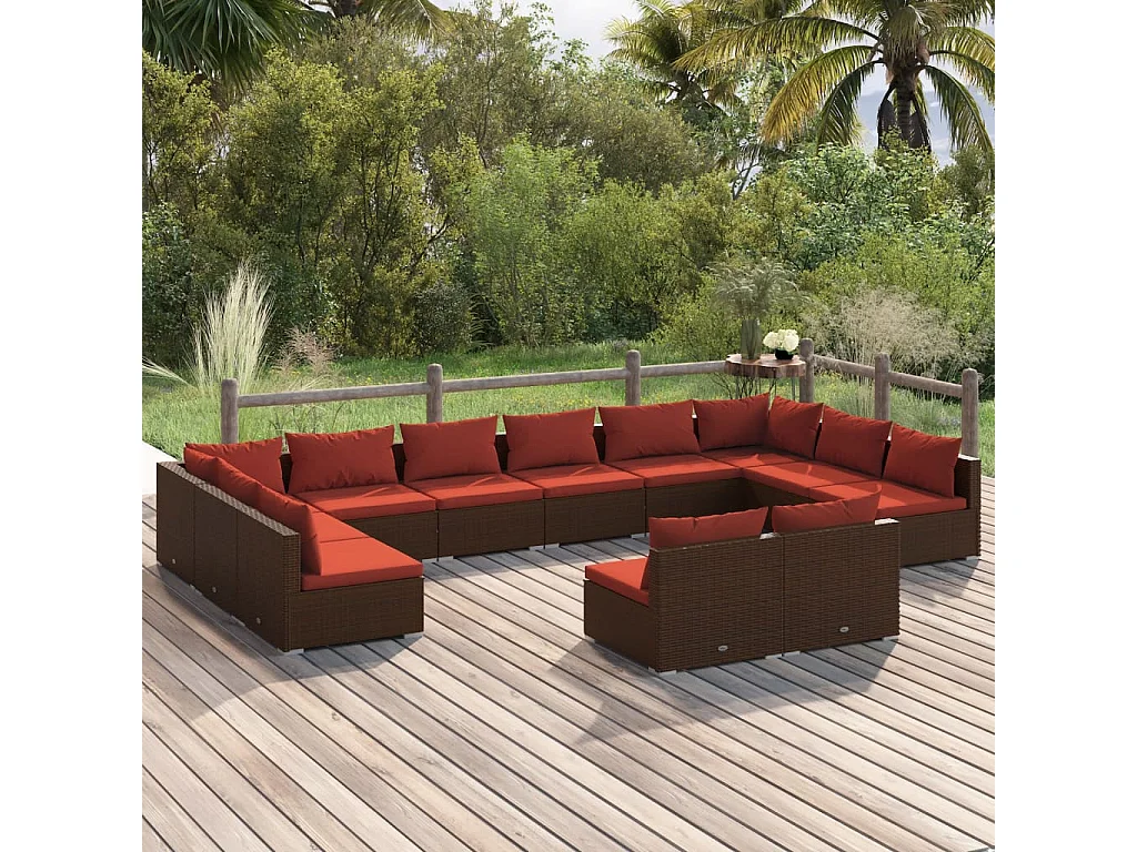 12-tlg. Garten-Lounge-Set mit Kissen Braun Poly Rattan
