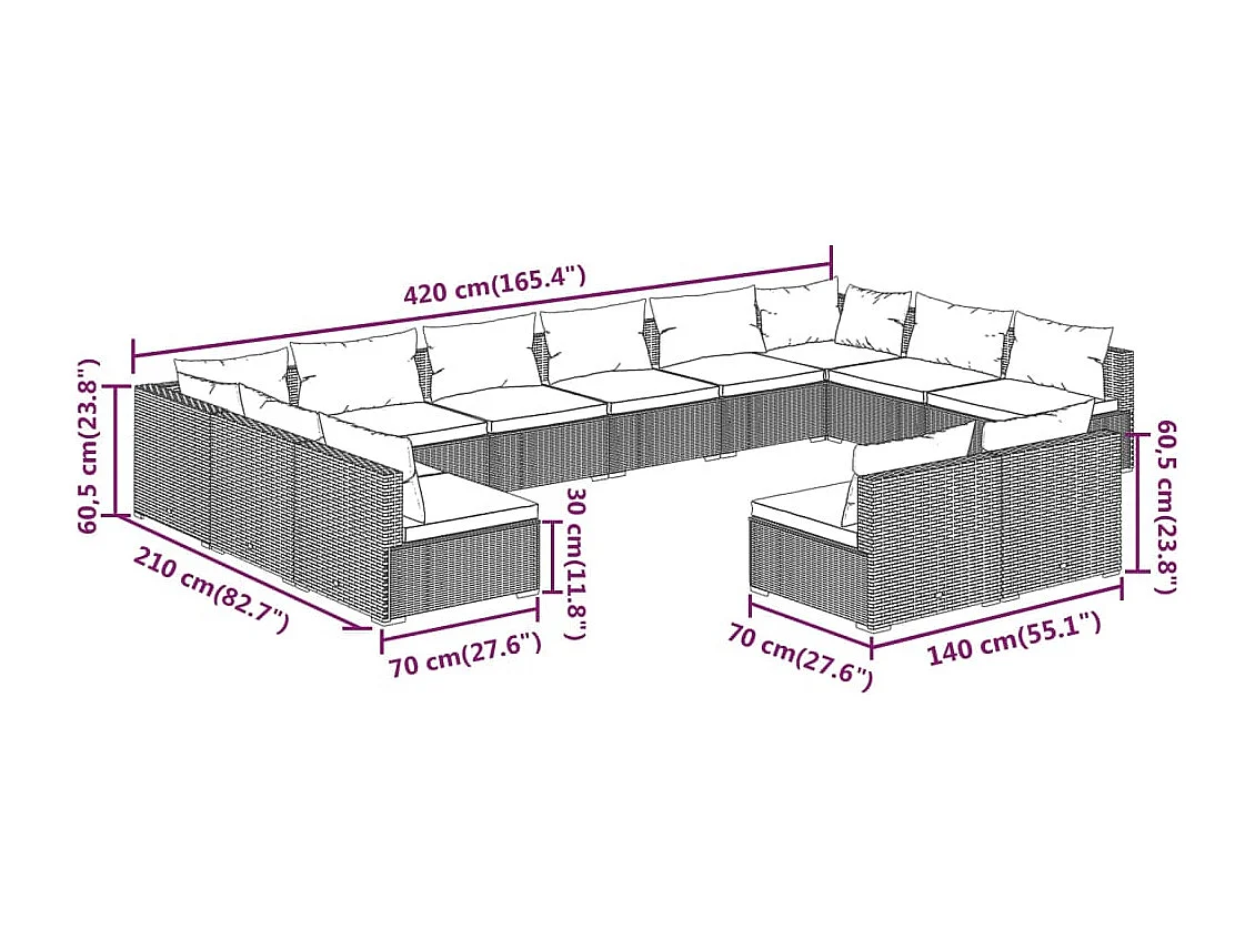 12-tlg. Garten-Lounge-Set mit Kissen Braun Poly Rattan