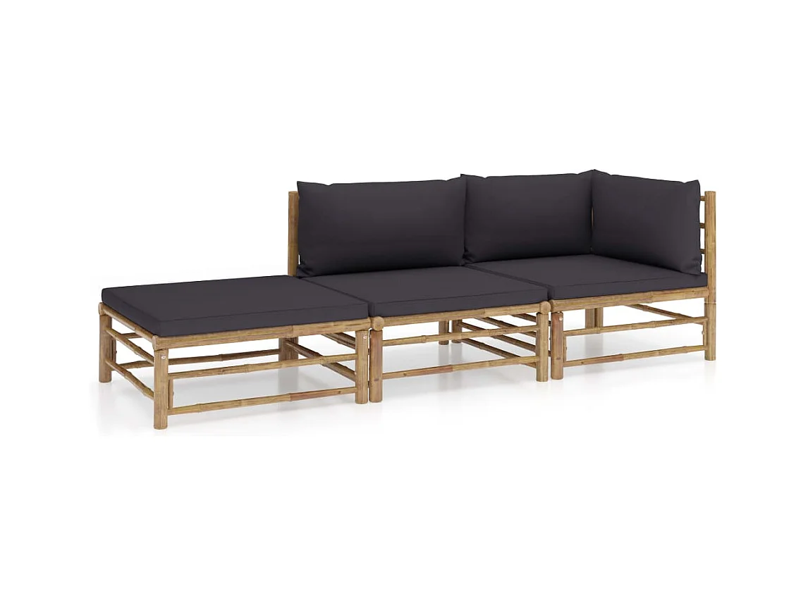 Salon de jardin 3 pcs avec coussins gris foncé bambou