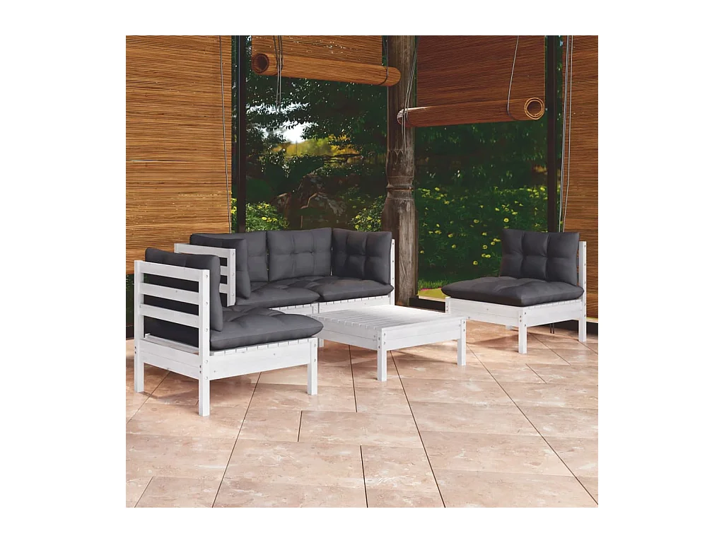 Set Salotto da Giardino 5pz con Cuscini Legno Massello di Pino