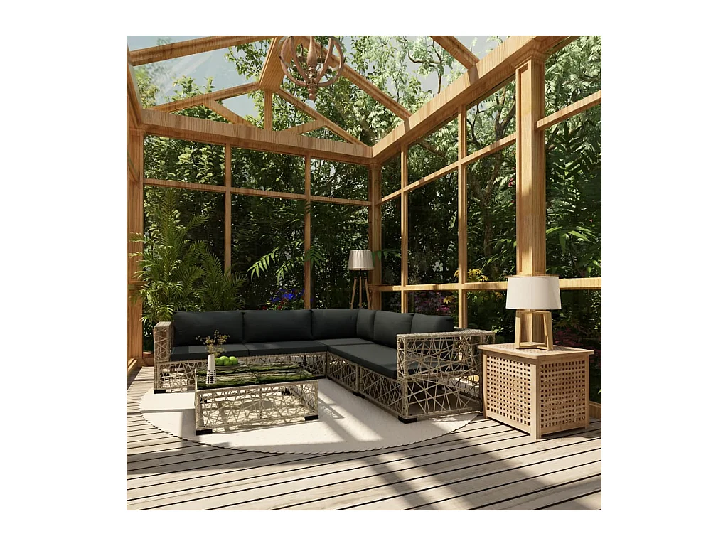6-delige Loungeset met kussens poly rattan grijs
