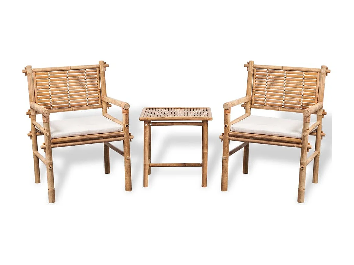 Mobilier de bistro 3 pcs avec coussins Bambou