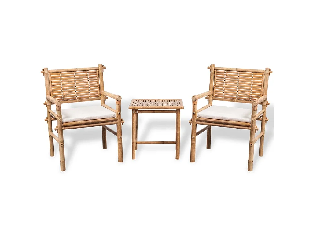 Set mesa y sillas terraza 3 pzas con cojines bambú