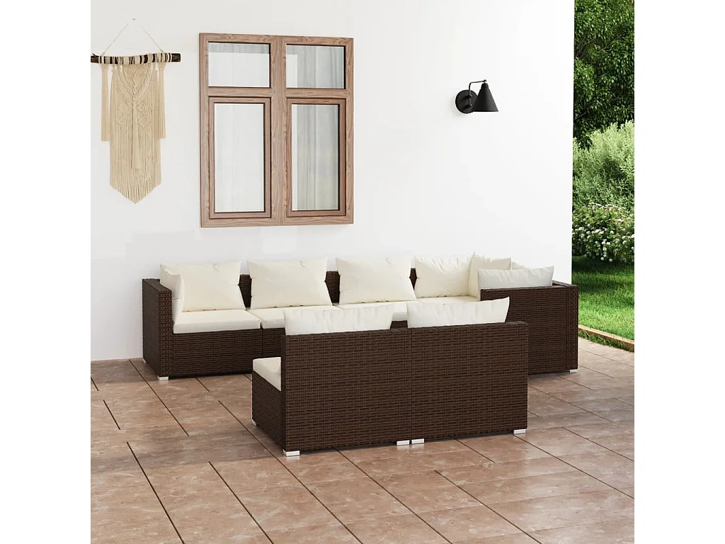 Set Divani da Giardino 7 pz con Cuscini in Polyrattan Marrone