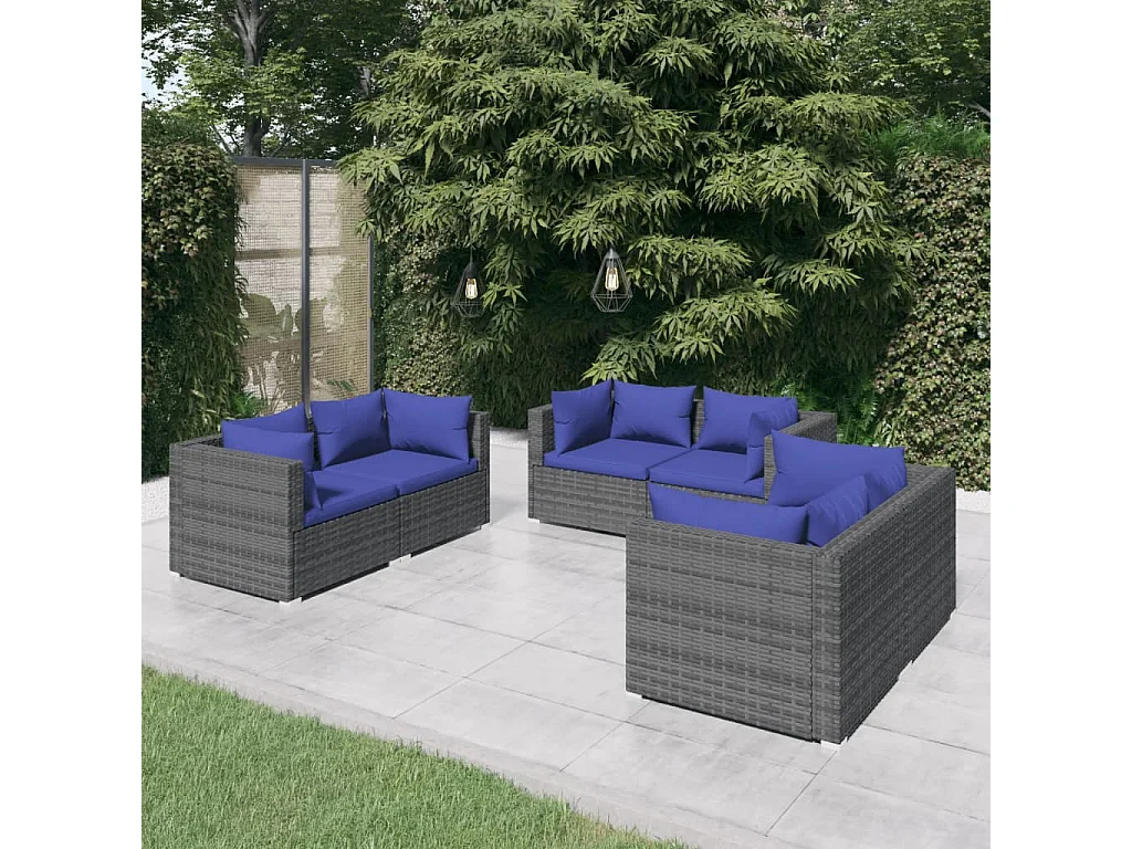 Set Divani da Giardino 6 pz con Cuscini in Polyrattan Grigio