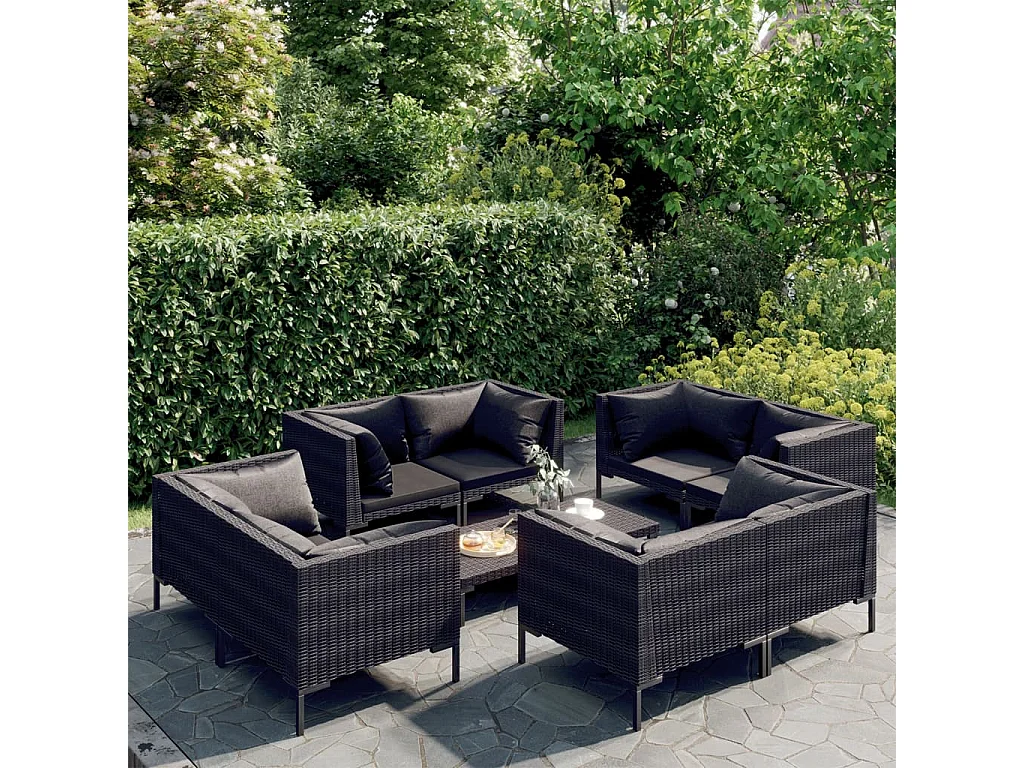 Set muebles jardín 9 pzas y cojines ratán sintético gris oscuro