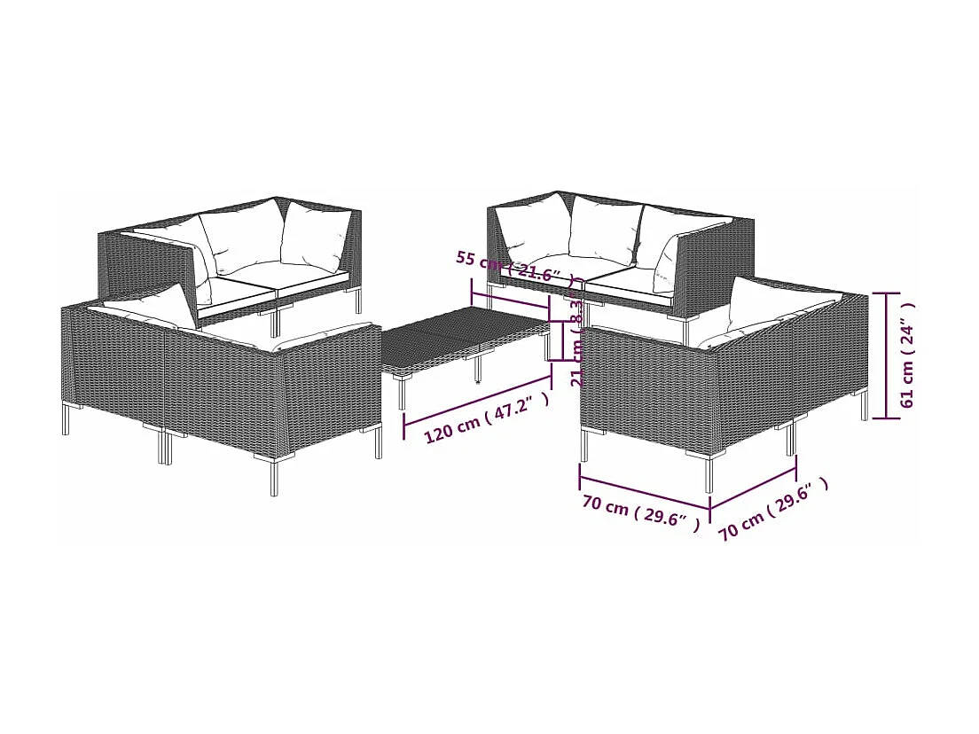 Set muebles jardín 9 pzas y cojines ratán sintético gris oscuro
