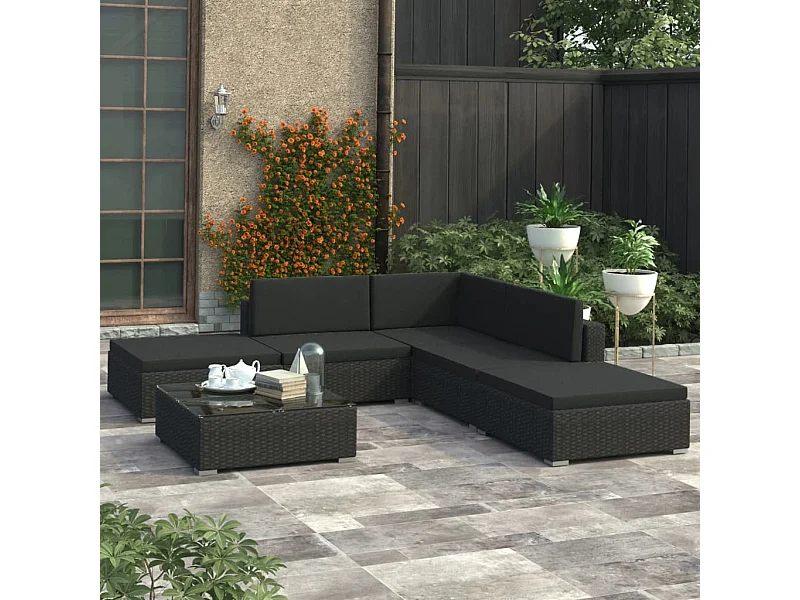 6-tlg. Garten-Lounge-Set mit Kissen Poly Rattan Schwarz