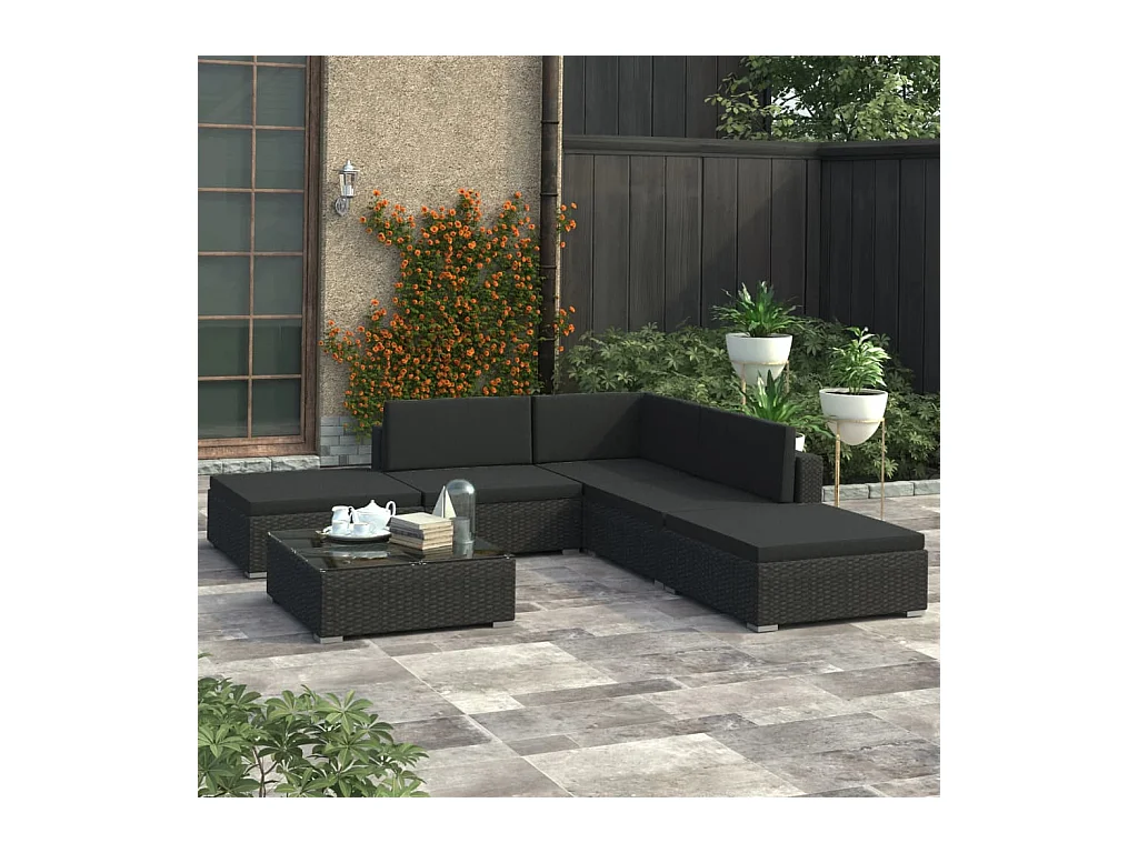 6-delige Loungeset met kussens poly rattan zwart