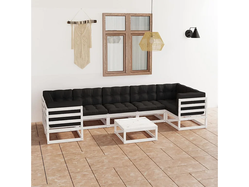 8-delige Loungeset met kussens massief grenenhout wit