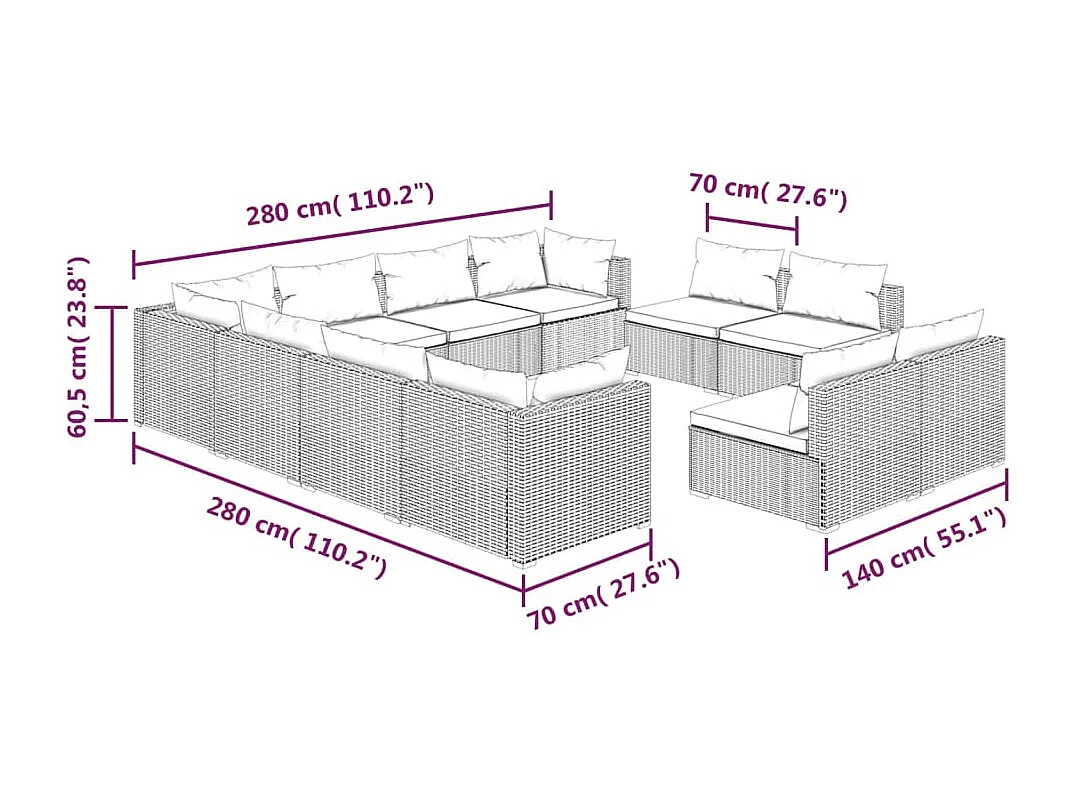 Set de muebles de jardín 11 pzas cojines ratán sintético marrón