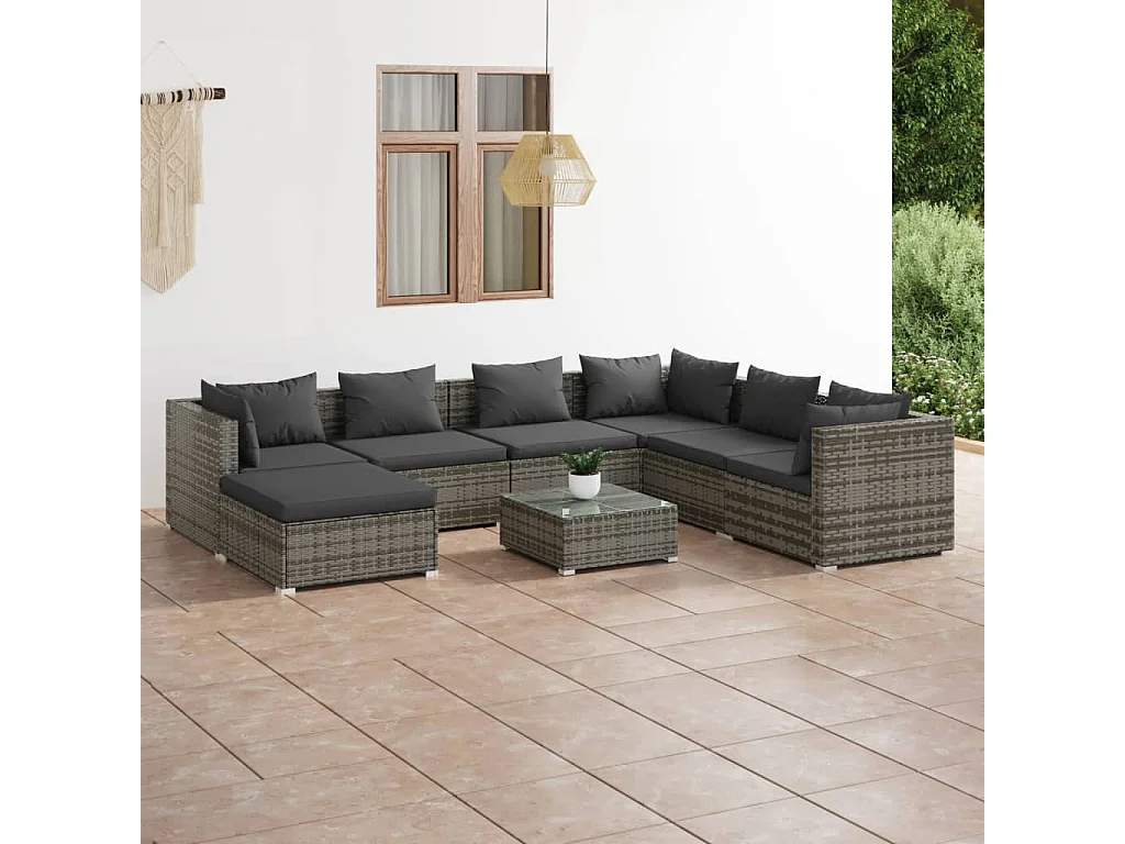 Salon de jardin 8 pcs avec coussins Résine tressée Gris